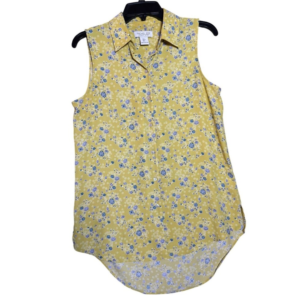 Rachel Zoe Women's Sleeveless Floral Button-Down Shirt Lime Yellow Size S